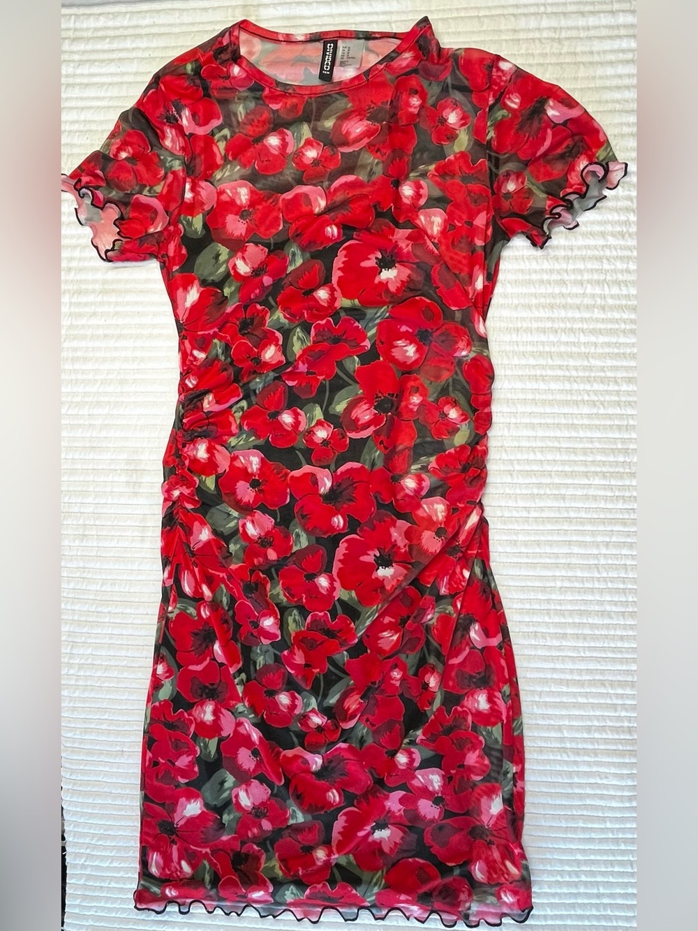 H&M Red Floral Mesh Midi Dress